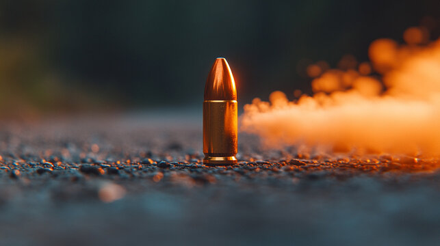 A shiny new slick bullet in mid-flight leaving a dramatic trail of smoke, conveying speed, power, and impact in an empty blue backdrop, emphasizing motion, precision, and minimalism

