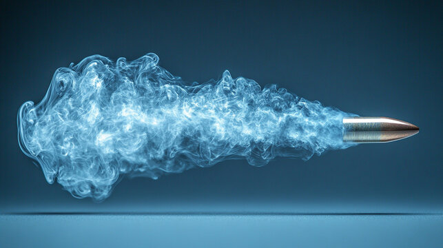 A shiny new slick bullet in mid-flight leaving a dramatic trail of smoke, conveying speed, power, and impact in an empty blue backdrop, emphasizing motion, precision, and minimalism

