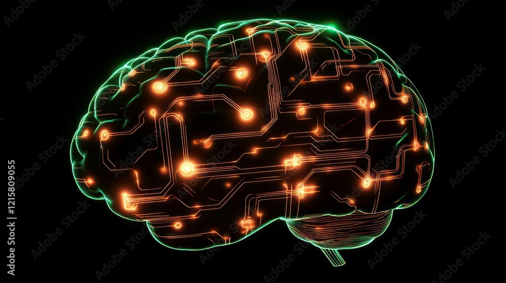 Poster glowing circuit board brain; digital intelligence concept.