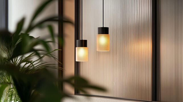 Two light fixtures hanging from the ceiling, one of which is lit. The other is unlit. The room has a modern, minimalist design with a large plant in the foreground