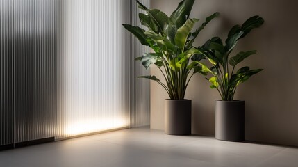 Fototapeta premium A room with two potted plants and a window. The plants are green and the window is letting in sunlight. The room has a modern and minimalist design