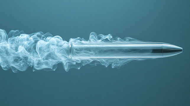 A shiny new slick bullet in mid-flight leaving a dramatic trail of smoke, conveying speed, power, and impact in an empty blue backdrop, emphasizing motion, precision, and minimalism

