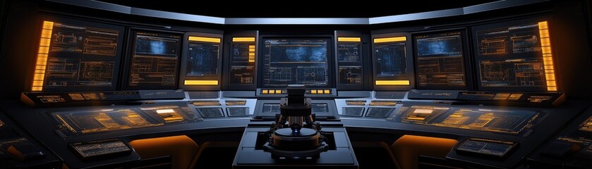 Futuristic control room, monitoring screens, dark background, sci-fi setting,  for film/game