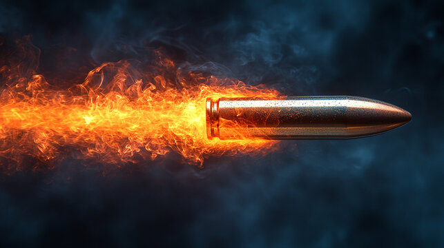 A shiny new slick bullet in mid-flight leaving a dramatic trail of smoke, conveying speed, power, and impact in an empty blue backdrop, emphasizing motion, precision, and minimalism

