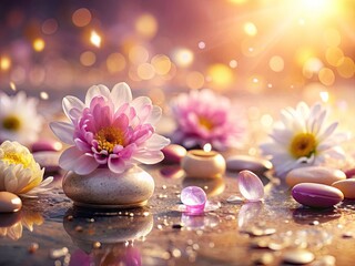 Long Exposure Flower Healing Crystals Photography, Spiritual Energy Healing Stones and Flowers, Vibrant Bloom and Gemstones, Nature's Serenity, Crystal Healing Photography