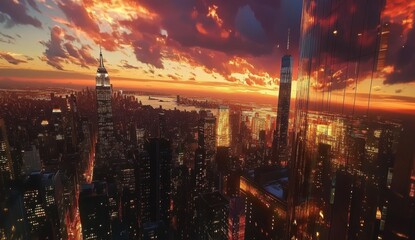 Fiery sunset over cityscape at night.