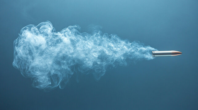 A shiny new slick bullet in mid-flight leaving a dramatic trail of smoke, conveying speed, power, and impact in an empty blue backdrop, emphasizing motion, precision, and minimalism

