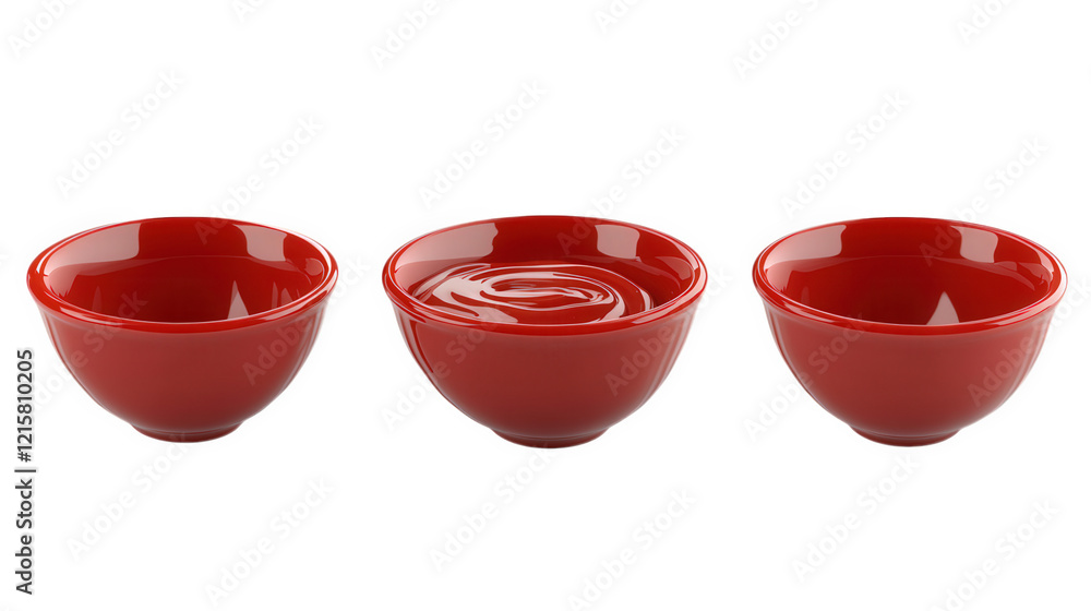 Poster three red bowls. arranged in a row the first bowl is empty. the second contains water with a ripple 