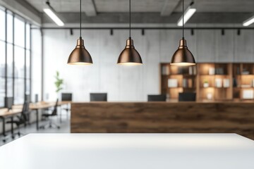 Obraz premium Modern Office Interior Design with Three Industrial Pendant Lights