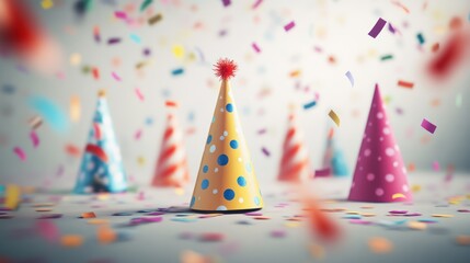 Colorful party hats and confetti.