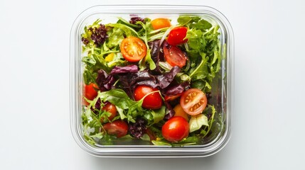 A top view of a transparent container filled with a fresh salad on a white. close-up of textures and ingredients freshness of the salad. 