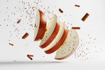 Sliced pear with cinnamon and spice levitating