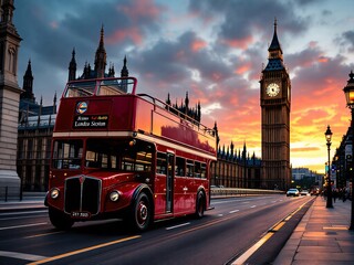 London's iconic Big Ben and a double-decker bus at dusk, capturing the city's historic charm and bustling evening life.