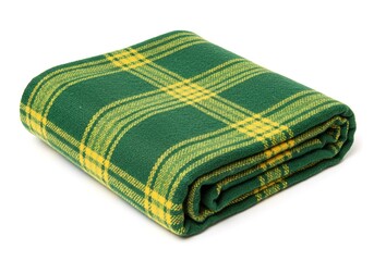 A green and yellow plaid blanket is laying on a white background AI Generated
