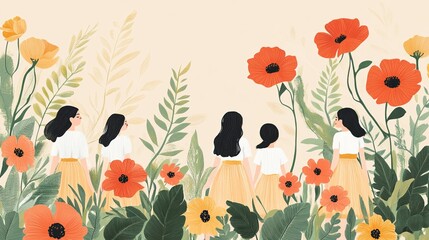 Celebrating International Women’s Day on March 8 with vibrant illustrations of women amidst colorful flowers in a serene nature setting