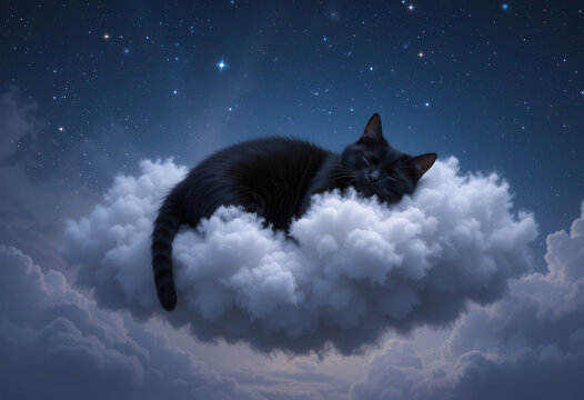 black cat peacefully sleeping on fluffy cloud under starry night sky