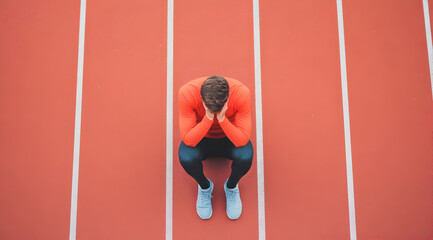 A runner sits on a track, head in hands, conveying feelings of defeat or exhaustion after a challenging performance.