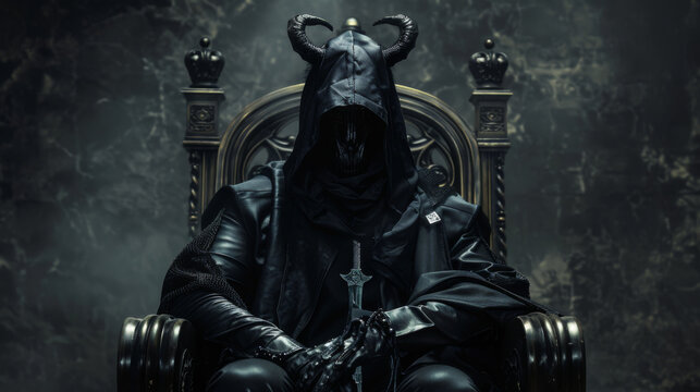 Sinister Figure Seated on Throne Embodies Power and Darkness in Gothic Style
