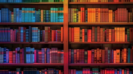 Colorful library bookshelf illuminated with vibrant rainbow lighting effect, perfect for education, knowledge and literature concepts. Modern library interior design background.