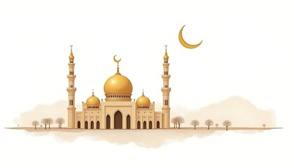 Golden Mosque Landscape Peaceful Islamic Image