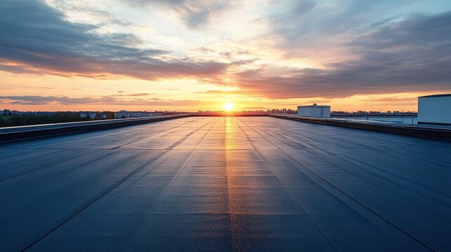 Empty rooftop at sunset, cityscape view. Ideal for concepts of peace, solitude, and urban design.