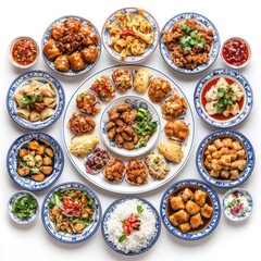 Delicious Asian cuisine feast, diverse dishes arranged, white background, restaurant menu use