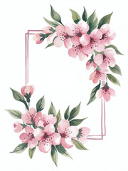 Naklejka premium A watercolor flower illustration frame, cherry blossom arrangement in soft pastel pink tones, accented with light green leaves, set against a white background