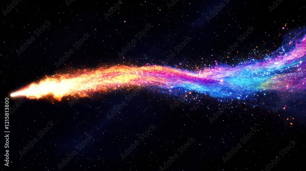 Poster colorful comet tail streaking across dark space with vibrant hues and sparkling particles.