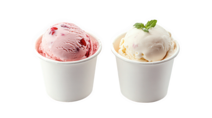 two scoops of ice cream in small. plain white cups one scoop is pink. likely strawberry or raspberry-flavored. while the other is a creamy white. possibly vanilla the presentation is simple and clean.