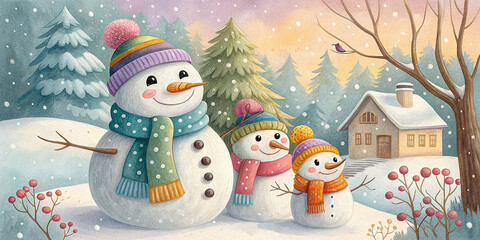 A whimsical winter illustration featuring a cheerful snowman family adorned with colorful scarves and hat