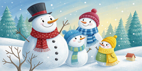 A whimsical winter illustration featuring a cheerful snowman family adorned with colorful scarves and hat