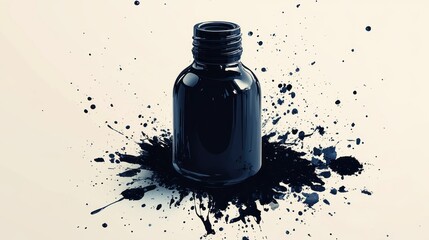 Black ink bottle spilled on white background.