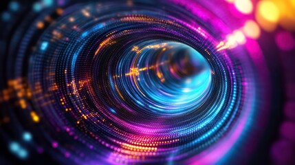 Obraz premium Abstract glowing sphere surrounded by vibrant, swirling neon rings.