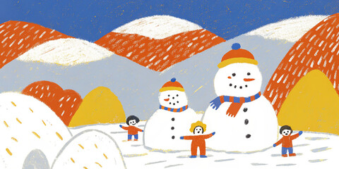 A whimsical winter illustration featuring a cheerful snowman family adorned with colorful scarves and hat