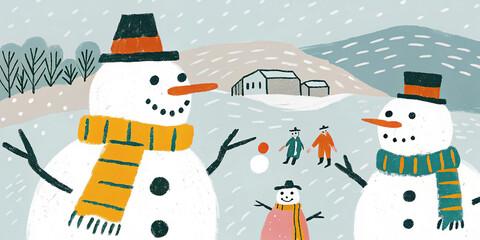 A whimsical winter illustration featuring a cheerful snowman family adorned with colorful scarves and hat