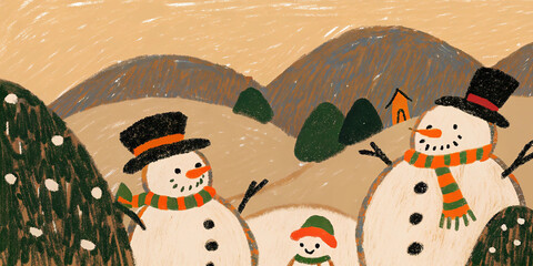 A whimsical winter illustration featuring a cheerful snowman family adorned with colorful scarves and hat