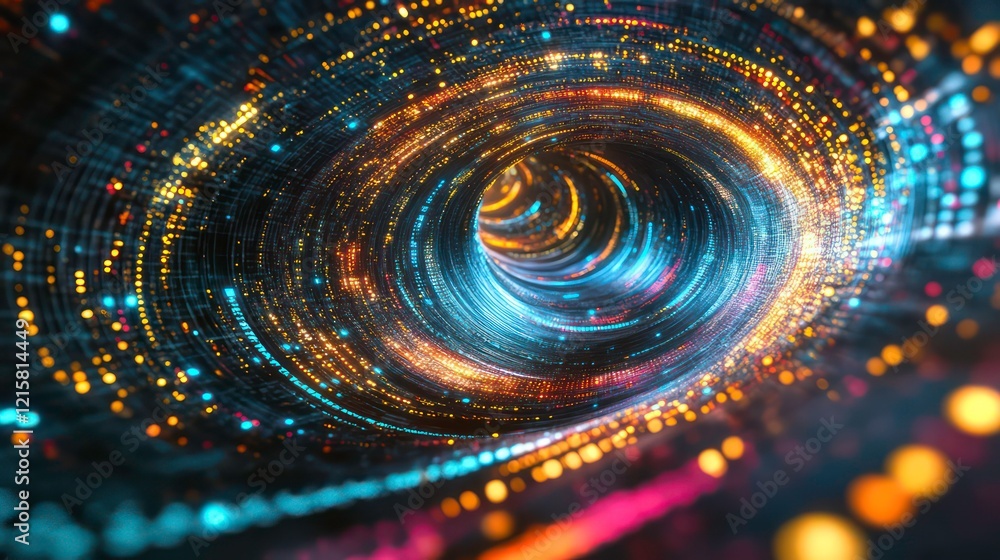 Poster abstract swirling vortex of colorful lights and particles.