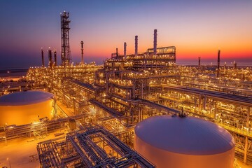 Obraz premium Illuminated petrochemical plant at sunset.