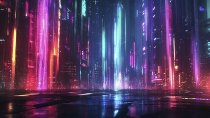 Naklejka premium Vibrant neon cityscape with futuristic light trails at night