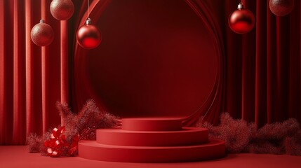 red-toned Christmas podium with tree Christmas and red gift box