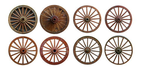 Fototapeta premium Vintage Wooden Wheels on Transparent Background, PNG collection, set bundle, isolate on transparent or white background