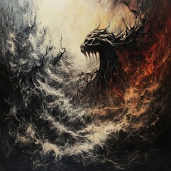 Chaotic battle of dark and fiery creatures in a surreal storm