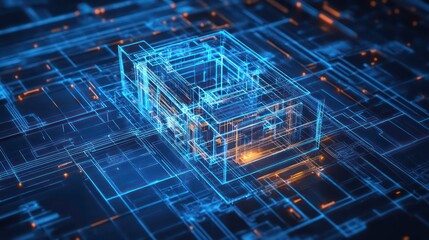 Abstract digital structure glowing on circuit board.