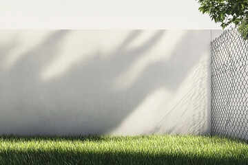 White concrete wall with chain-link fence and green grass casting shadows on a sunny day