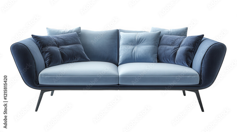 Poster a modern. stylish sofa featuring a combination of light and dark blue upholstery. adorned with sever