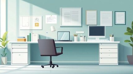 Modern office workspace with desk, computer, and chair.