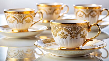 Fototapeta premium Panoramic Golden Cups & Saucers: Elegant Tea Set Photography