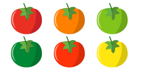 set of Tomato flat vector illustration on white background. Ripe tomato, vegetarian organic food,