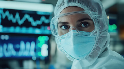 A close-up portrait of an atmospheric doctor wearing protective gear and goggles