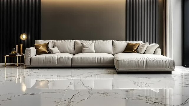 Modern sectional sofa in a luxurious living room with marble flooring and gold accents.